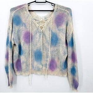 Anthropologie POL Crop Sweater Womens Large Knit Tie Dye Lace Up Blue Purple